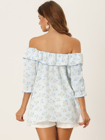 Floral Smocked Ruffled Off Shoulder Puff Sleeves Blouse