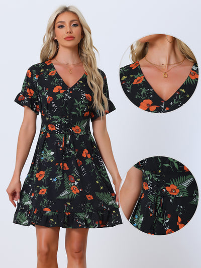 Floral Print Chiffon Dress for Women's Summer Short Sleeve V Neck Lace Up Cinched Waist Dress
