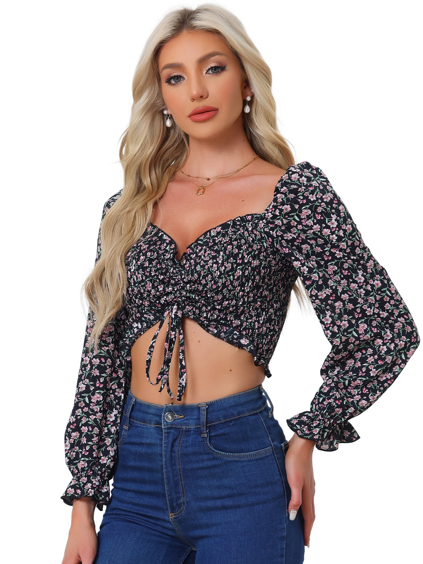 Allegra K Square Neck Drawstring Front Puff Sleeve Summer Blouse Smocked Floral Crop Top