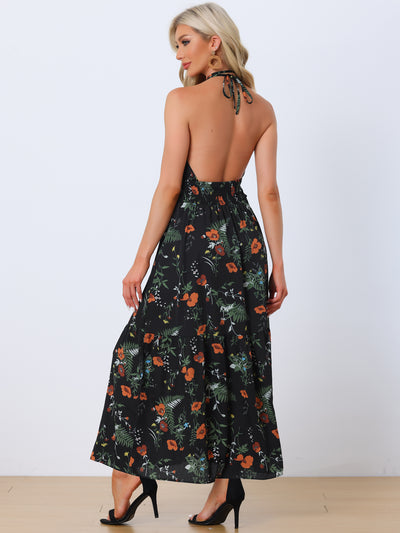 Halter Neck Boho Sleeveless Elastic Waist Backless Floral Sundress Maxi Dress