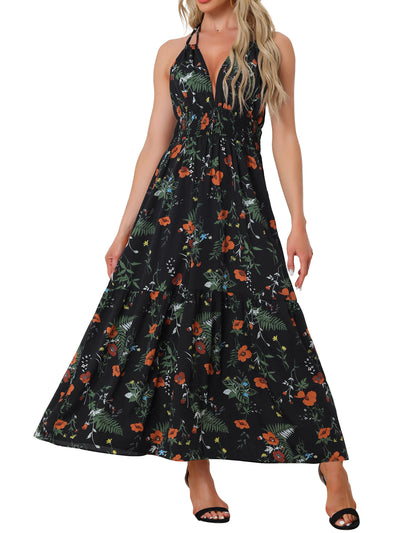 Halter Neck Boho Sleeveless Elastic Waist Backless Floral Sundress Maxi Dress