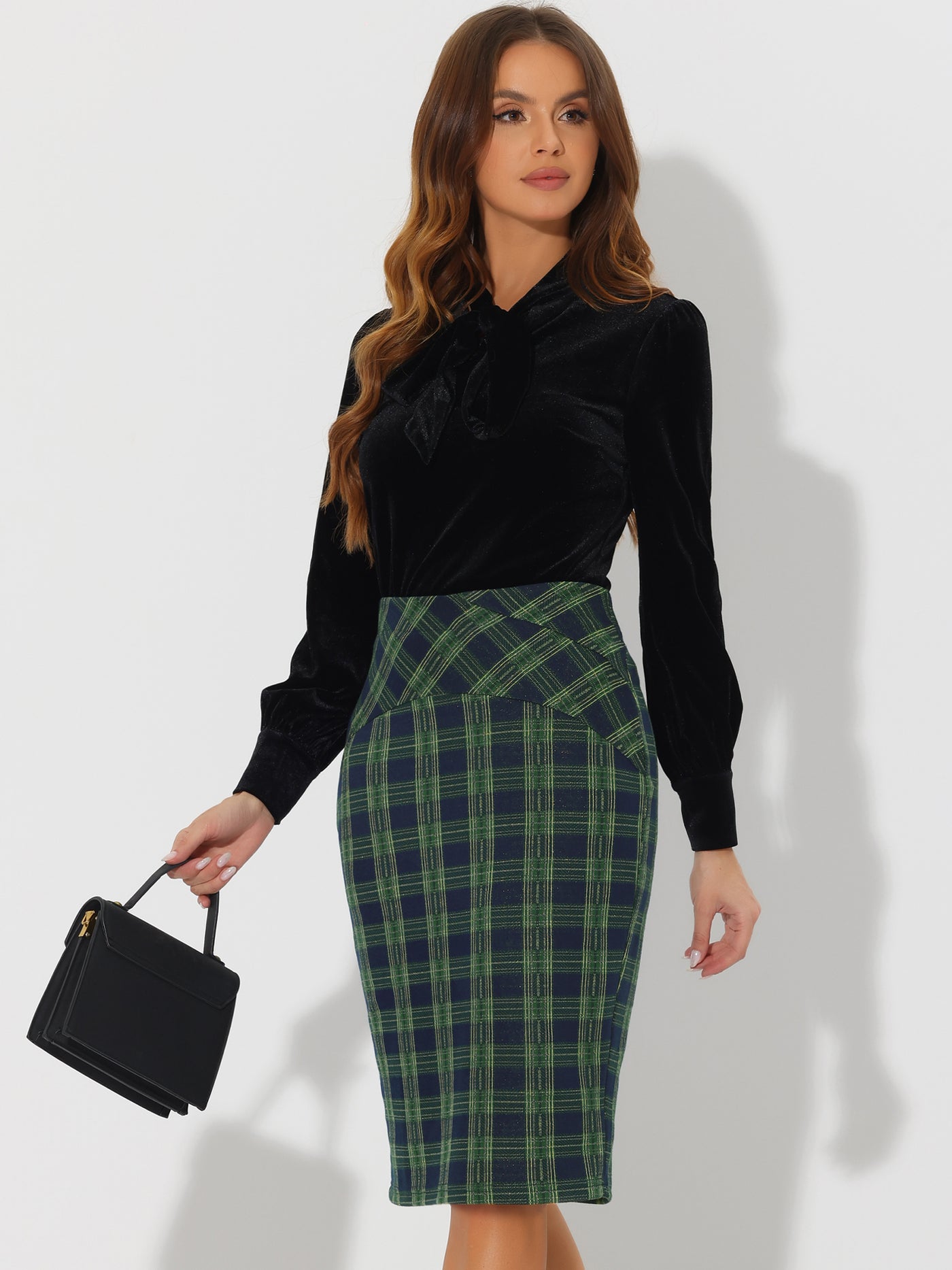 Allegra K Women's Elastic High Waist Knee Length Plaid Pencil Skirt with Side Zipper