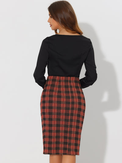 Women's Elastic High Waist Knee Length Plaid Pencil Skirt with Side Zipper