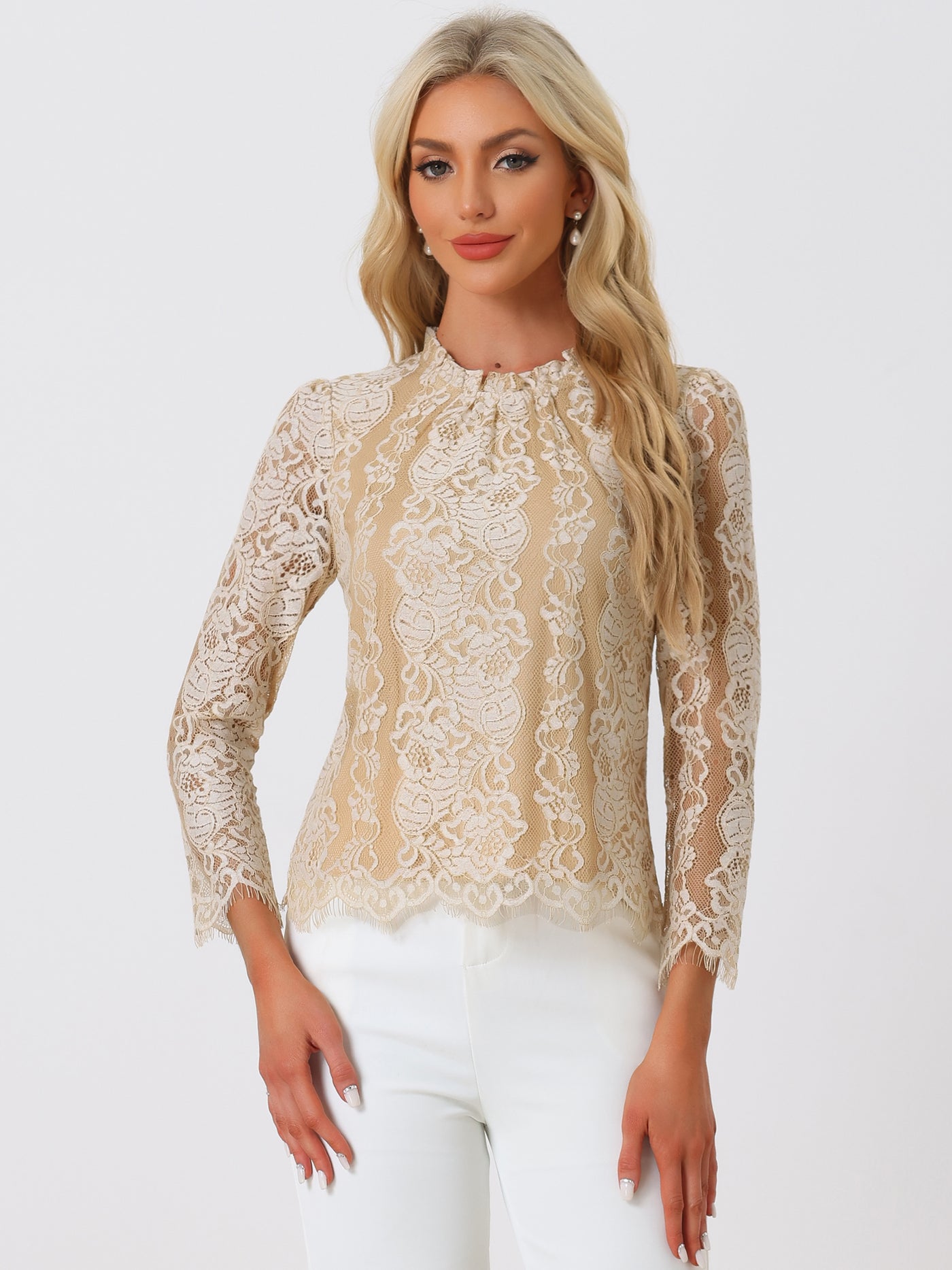 Allegra K Lace Long Sleeve Ruffle Stand Neck Floral Blouse