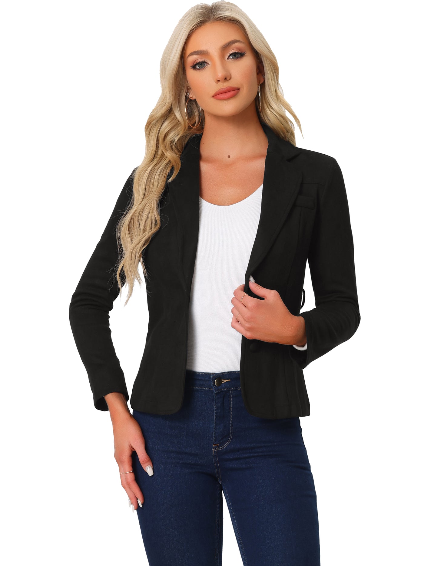 Allegra K Faux Suede Blazer Notched Lapel Collar Casual Jacket with Belt
