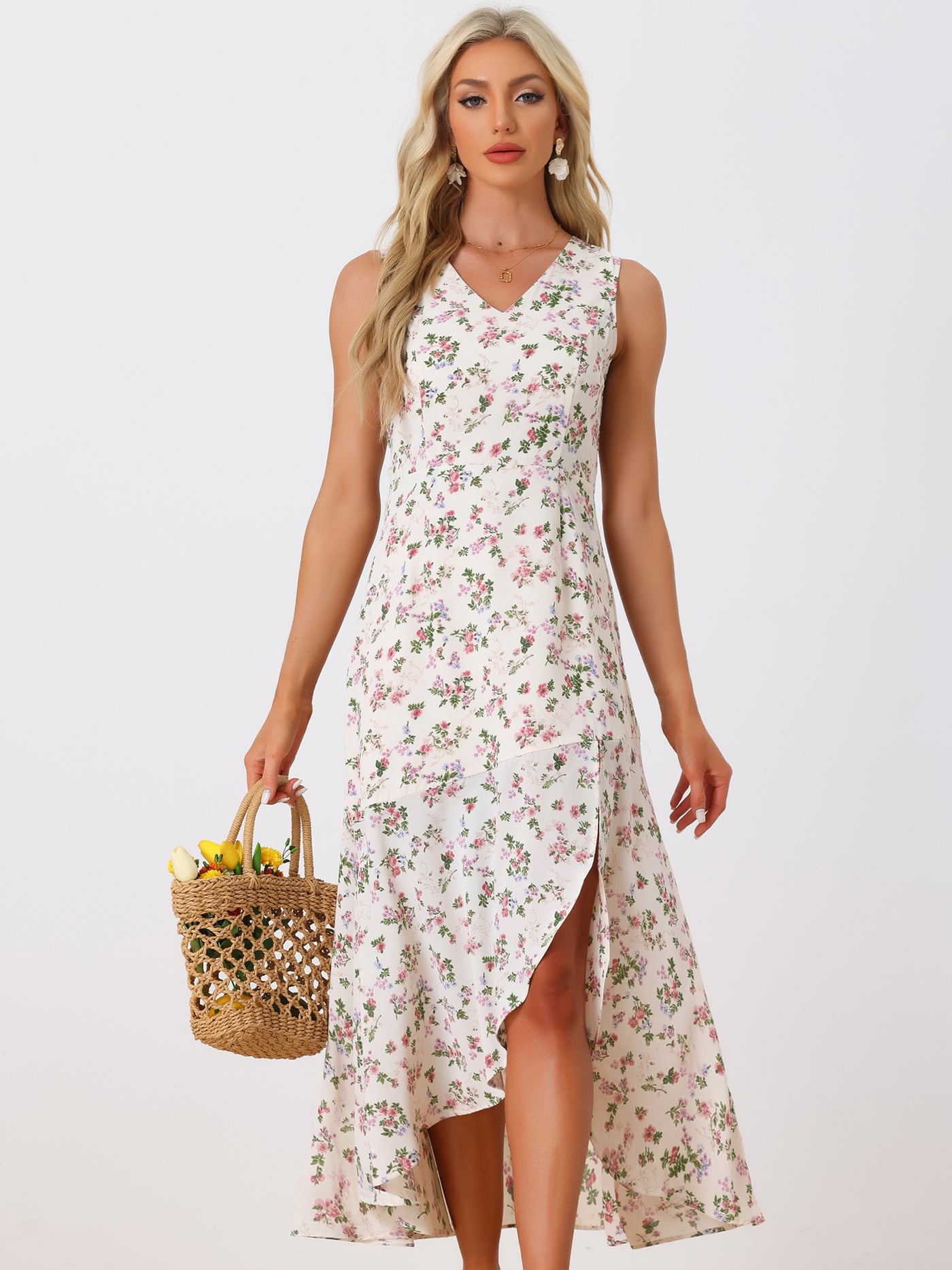 Allegra K Floral Print Summer High Low Side Slit Sleeveless Maxi Dress