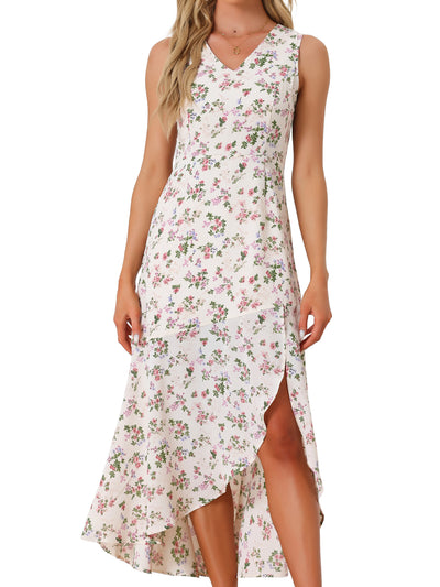 Floral Print Summer High Low Side Slit Sleeveless Maxi Dress