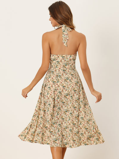 Halter Neck Floral Summer Sundress Sleeveless Lace Up Midi Dress