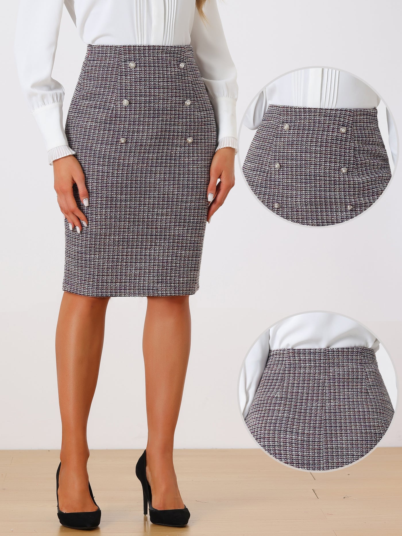 Allegra K Tweed Button Decor Work Office Midi Pencil Skirt