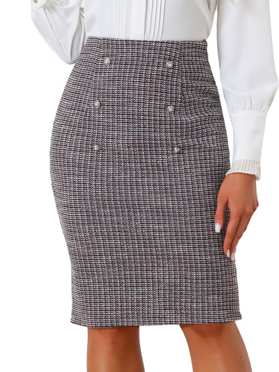 Tweed Button Decor Work Office Midi Pencil Skirt