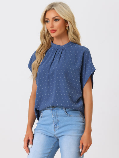 Swiss Dots Pleated Crew Neck Short Sleeve Casual Blouse
