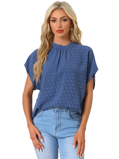 Swiss Dots Pleated Crew Neck Short Sleeve Casual Blouse