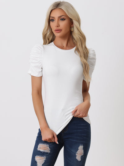 Allegra K Casual Round Neck Puff Ruched Sleeve Knit Tops