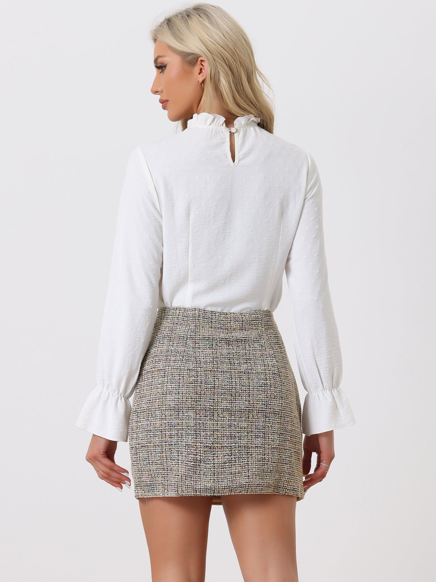 Allegra K High Elastic Waist Button Decor Tweed Plaid Mini Skirt