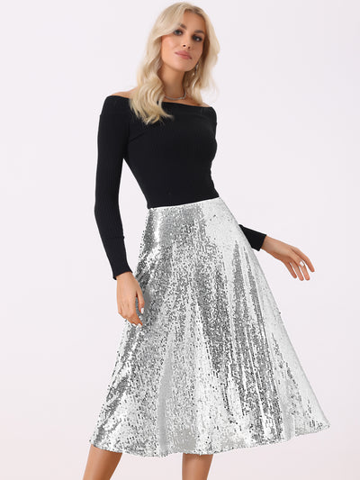 Allegra K Sequin Sparkly High Waist Glitter Cocktail Party Midi Skirt