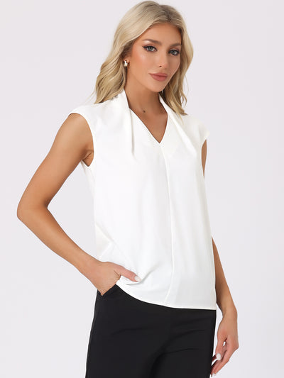 Allegra K Solid V Neck Cap Sleeve Casual Office Chiffon Blouse