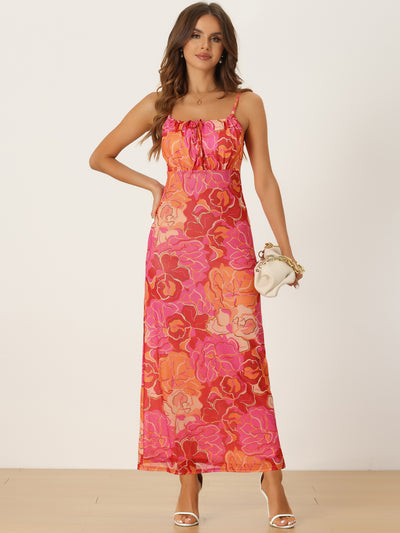Allegra K Bold Floral Sleeveless Spaghetti Strap Smock Maxi Dress Sundress