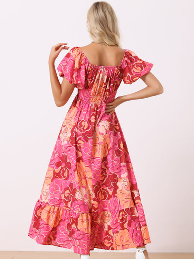 Floral Square Neck Puff Short Sleeves Boho Maxi Dress