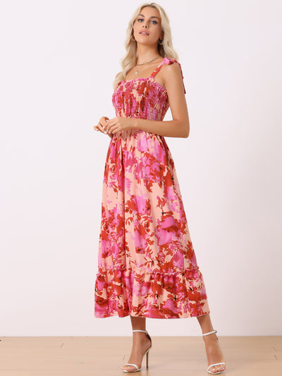 Allegra K Tie Straps Sleeveless Smocked Square Neck Floral Maxi Dress