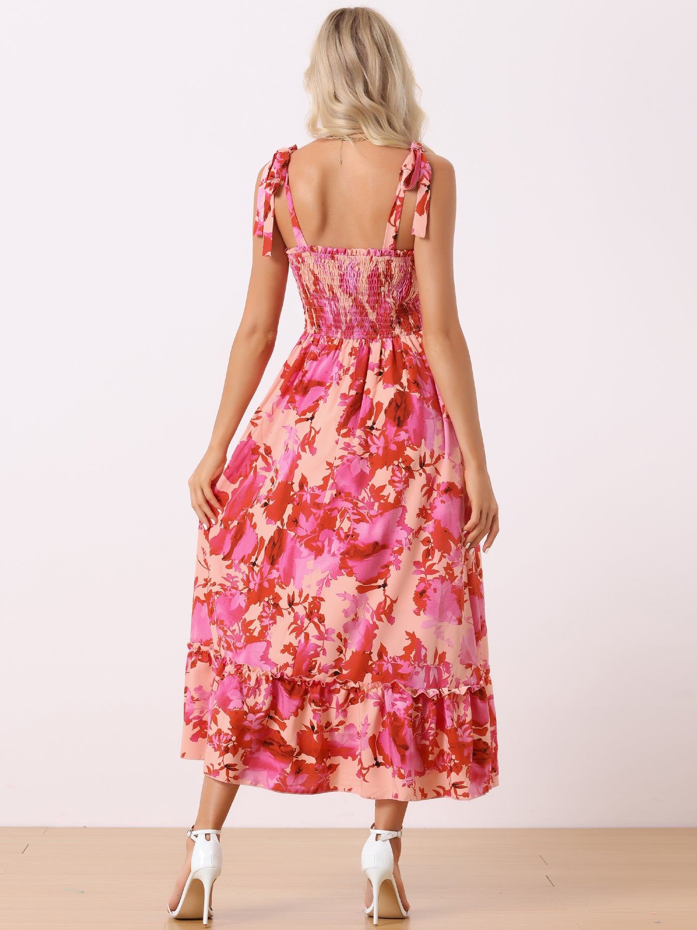 Allegra K Tie Straps Sleeveless Smocked Square Neck Floral Maxi Dress Sundress