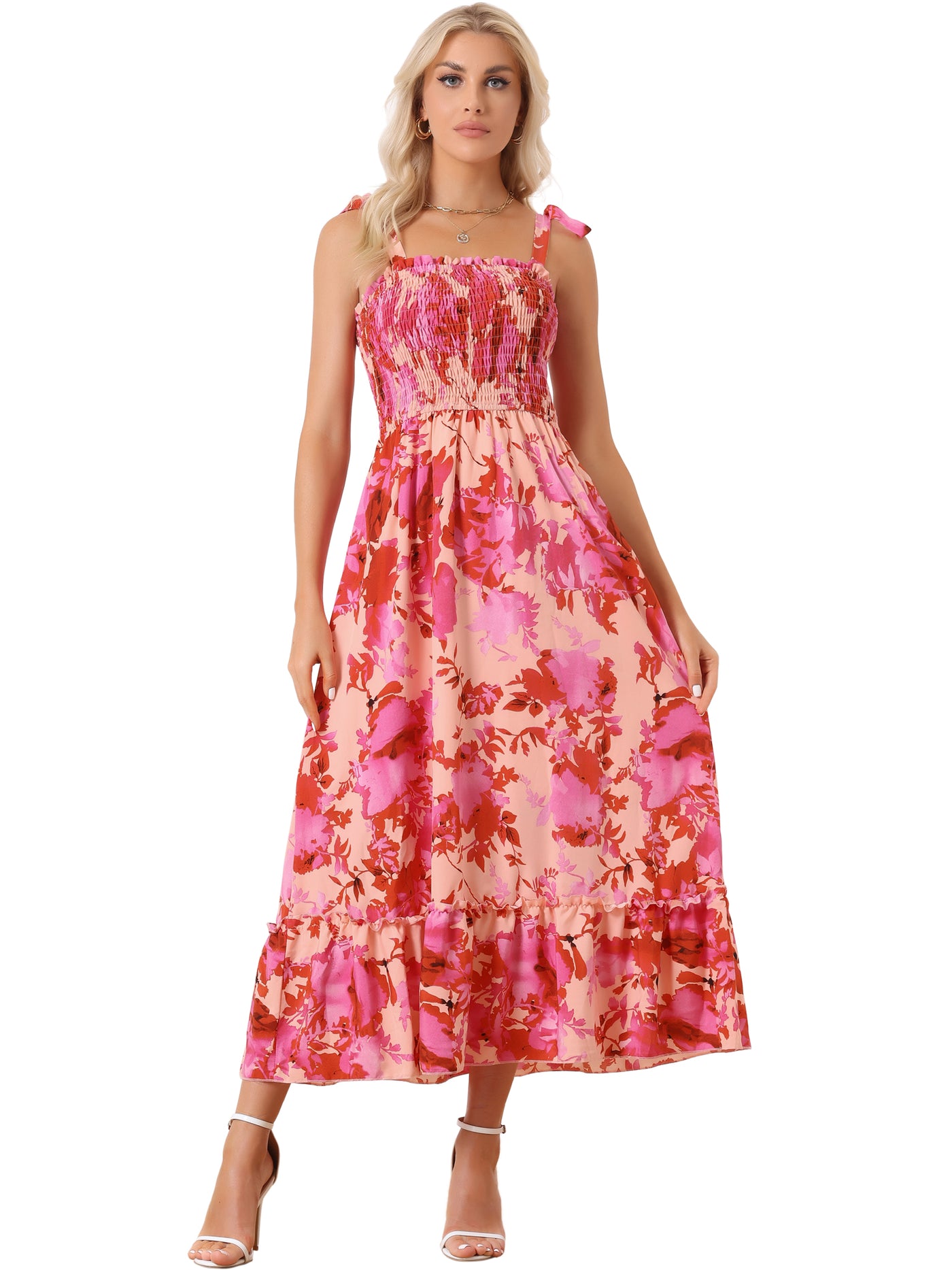 Allegra K Tie Straps Sleeveless Smocked Square Neck Floral Maxi Dress Sundress