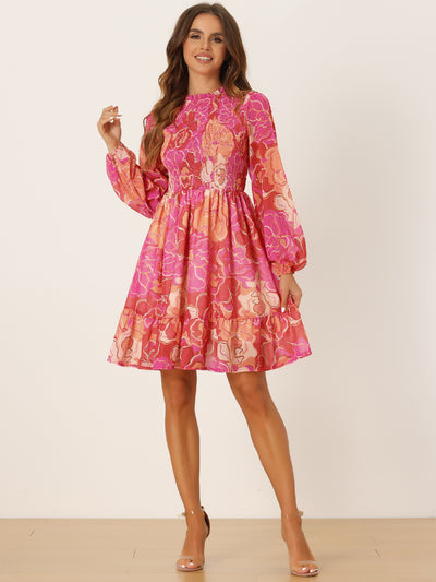 Smocked Ruffle Neck Long Sleeve Floral Shirred Chiffon Mini Dress