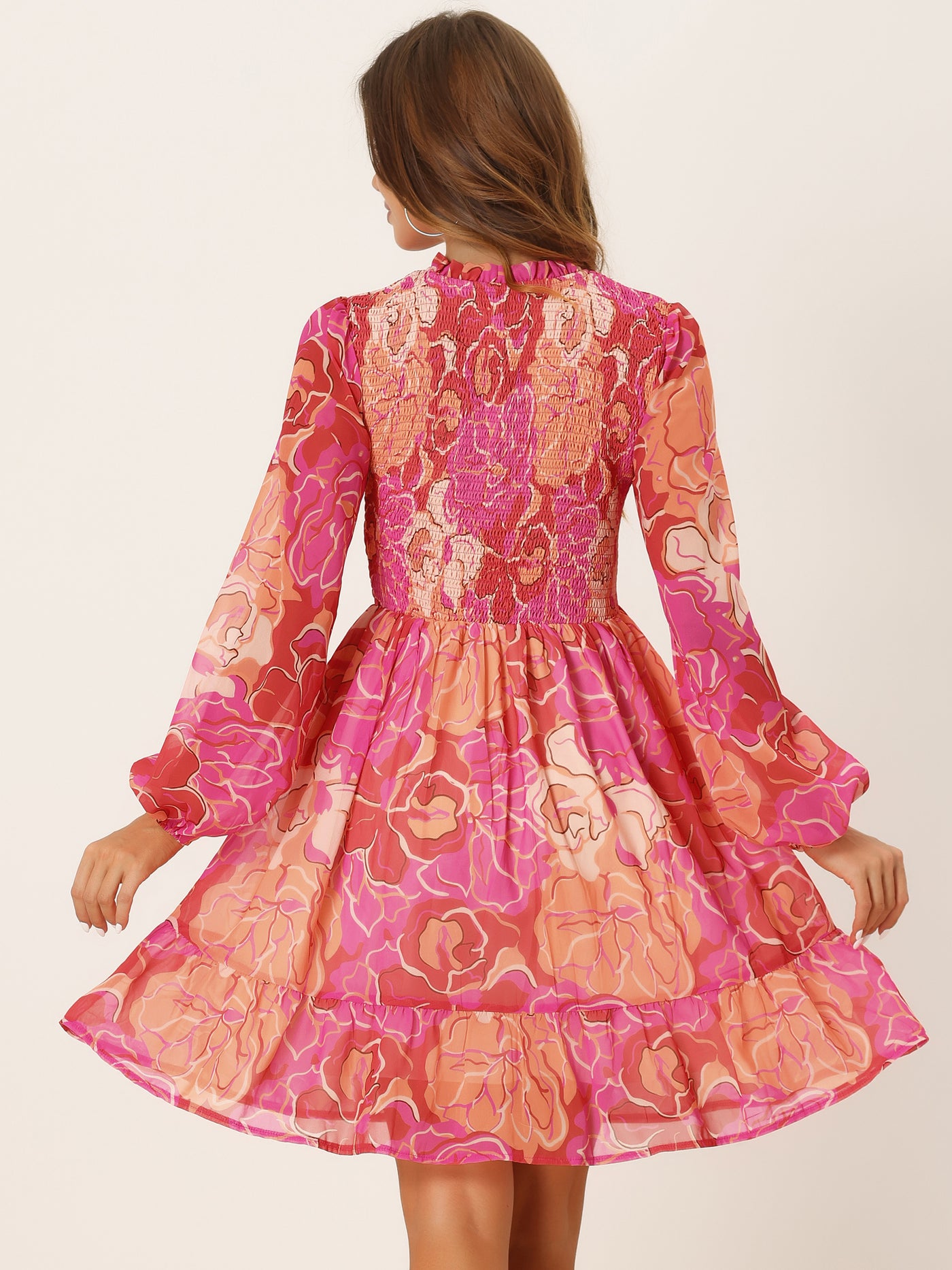 Allegra K Smocked Ruffle Neck Long Sleeve Floral Shirred Chiffon Mini Dress