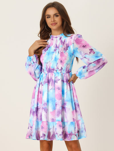 Smocked Ruffle Neck Long Sleeve Floral Shirred Chiffon Mini Dress