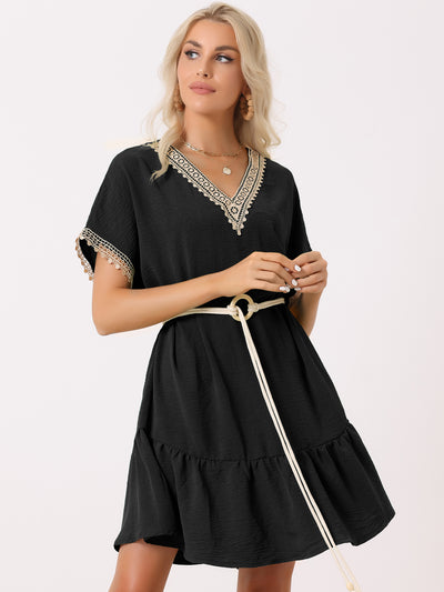 Allegra K Summer Casual V-Neck Lace Short Sleeve Belted Mini Dress