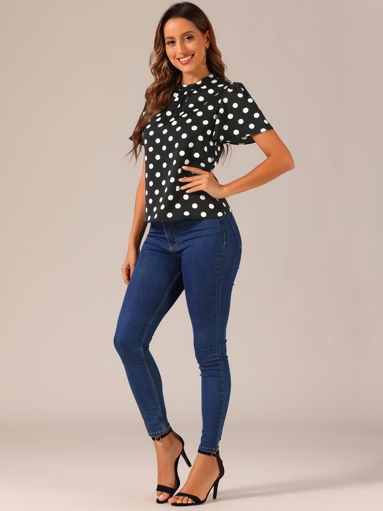 Polka Dots Stand Collar Pleat Keyhole Short Flare Sleeve Blouse