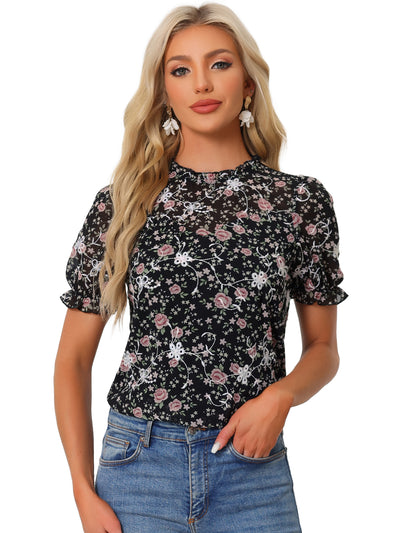Lace Dressy Ruffle Collar Short Sleeve Floral Summer Blouse