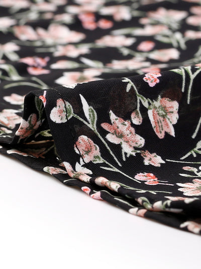 Floral Summer Ruffle Neck Lace-Up Short Shirred Sleeve Peplum Blouse