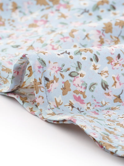 Floral Summer Ruffle Neck Lace-Up Short Shirred Sleeve Peplum Blouse