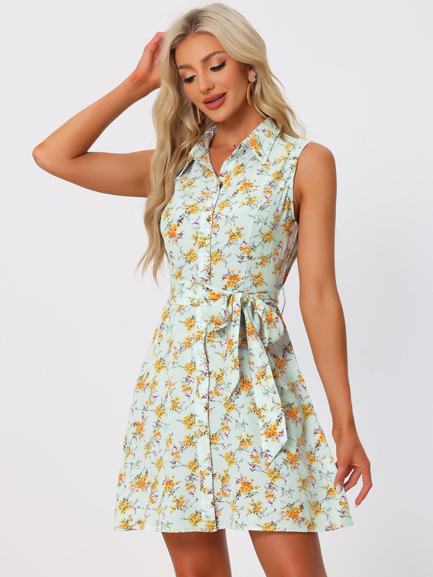 Allegra K Sleeveless Turndown Collar Button Down Floral Belted Mini Shirt Dress Sundress