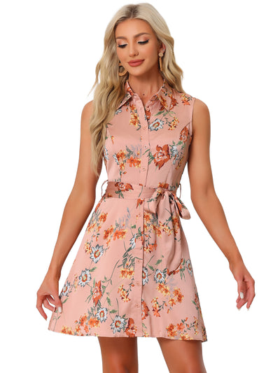 Sleeveless Turndown Collar Button Down Floral Belted Mini Shirt Dress Sundress