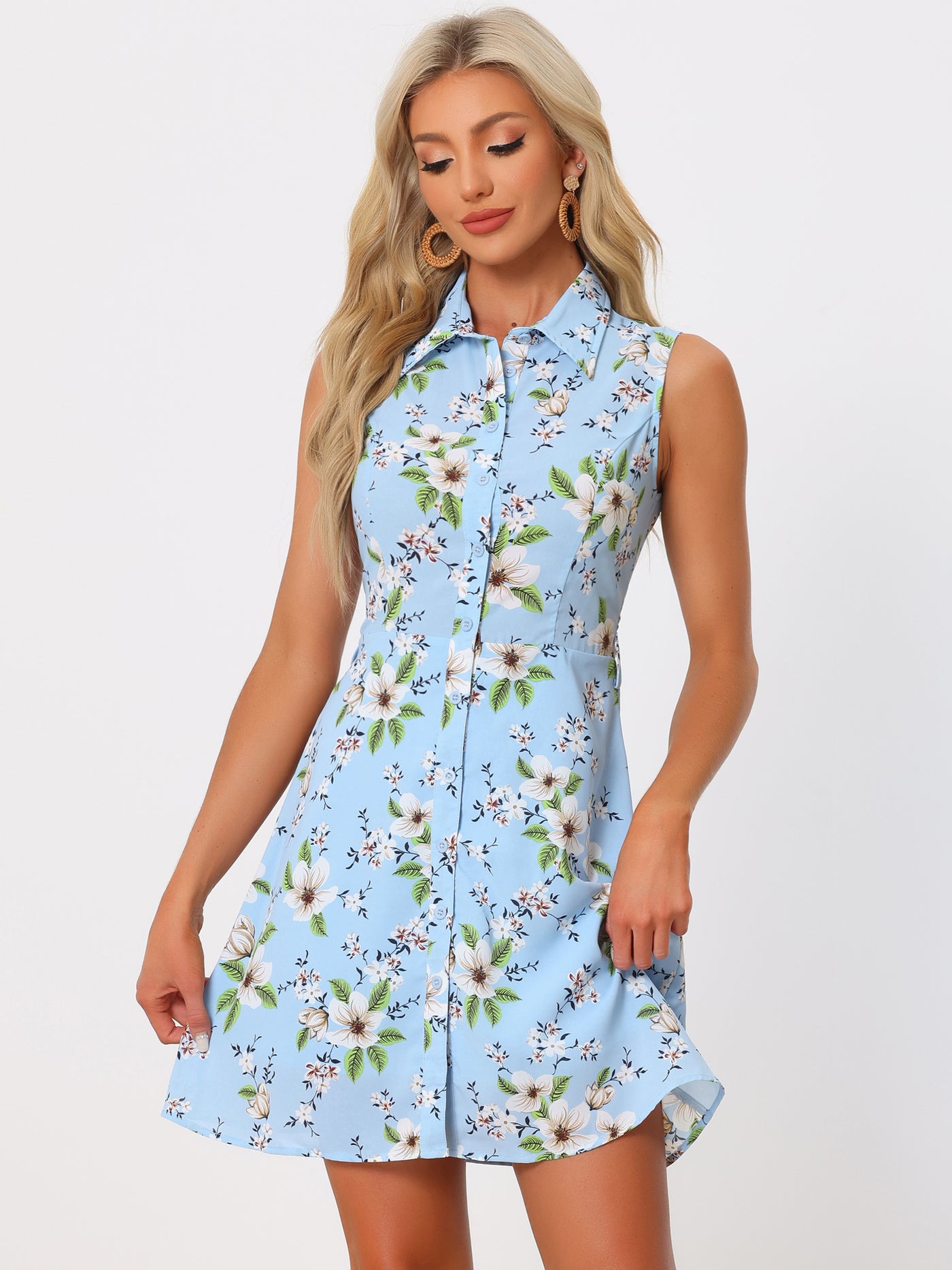 Allegra K Sleeveless Turndown Collar Button Down Floral Belted Mini Shirt Dress Sundress