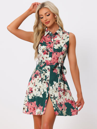Sleeveless Turndown Collar Button Down Floral Belted Mini Shirt Dress Sundress