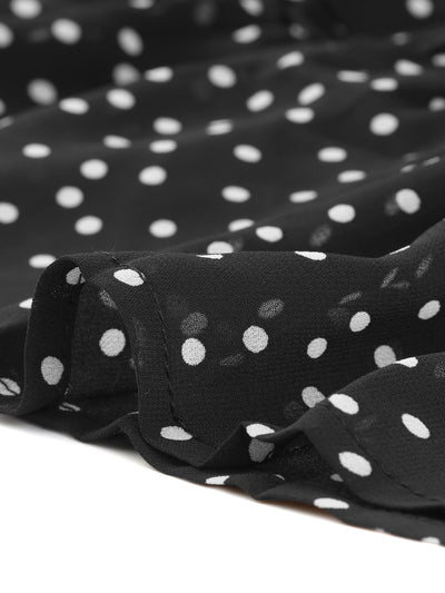 Chiffon Ruched Sleeves Bow Tie Keyhole Shirred Polka Dots Mini Dress