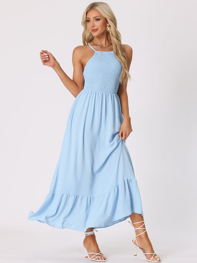 Allegra K Smocked Backless Sleeveless Solid Lace-Up Summer Maxi Dress