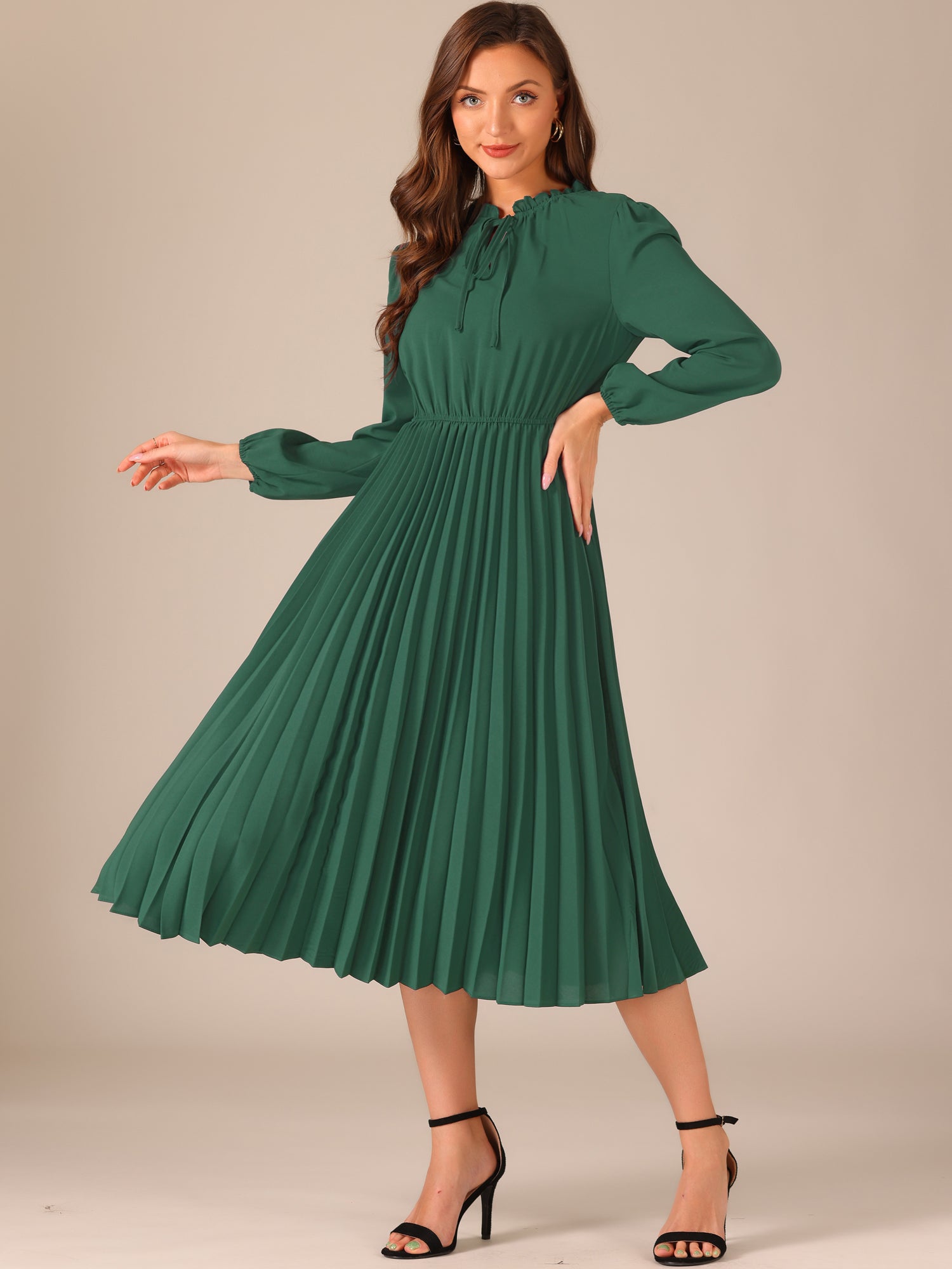 Long Sleeve Flowy Midi Dress A-Line Flowy Long Sleeve Tie V Neck Pleated Midi  Dress,