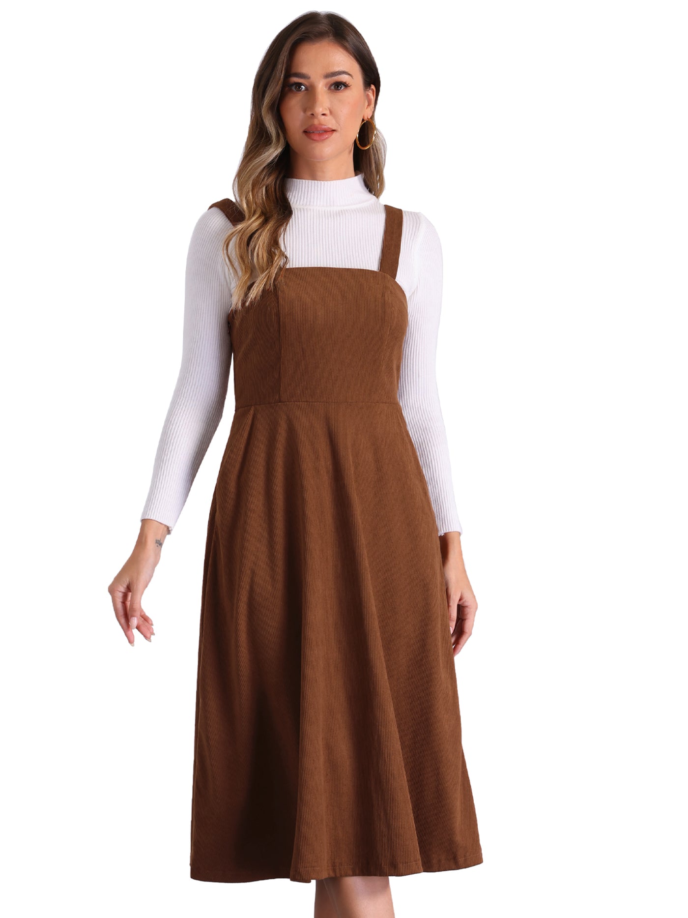 brown corduroy pinafore dress SHEIN LUNE Plus Size Women's Brown Corduroy Pinafore Dress With Pockets Adjustable Straps White,Autumn,Casual,Bachelorette Party,Graduation,Back-To-School Outfit