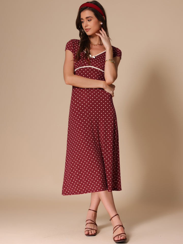 V Neck Cap Sleeve Polka Dots Vintage Midi Dress, Wine Red / XS V Neck Cap Sleeve Polka Dots Vintage Midi Dress, Wine Red / XS