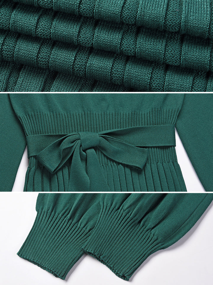 long sleeve pleated ribbed midi sweater dress Long Sleeve Ribbed Knit Belted Pleated Midi Sweater Dress