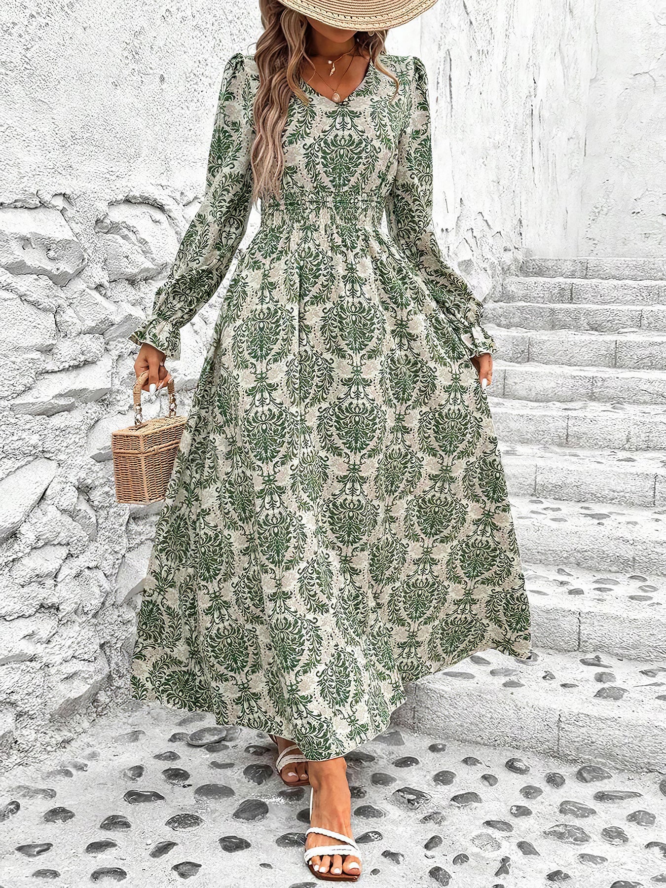 Boho-Chic Floral V Neck Long Sleeve Smocked Waist Swing Maxi Casual Dress, Green / M Boho-Chic Floral V Neck Long Sleeve Smocked Waist Swing Maxi Casual Dress, Green / M