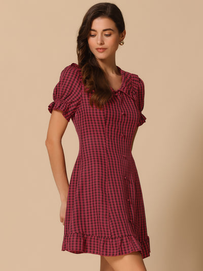 Peter-Pan-Collar Plaid Short Sheath Short Sleeve Flared Dress