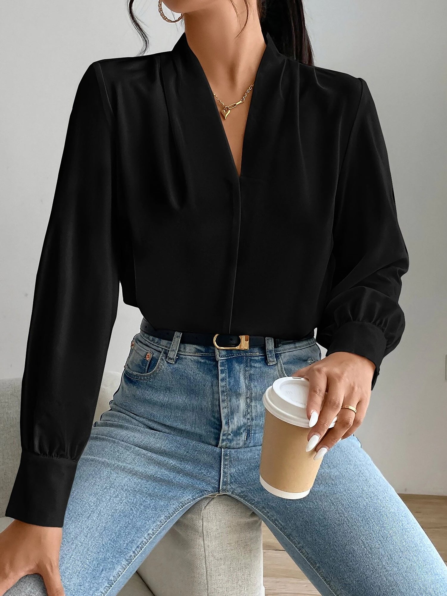 Classic Elegant V Neck Pleated Long Sleeves Solid Color Blouse