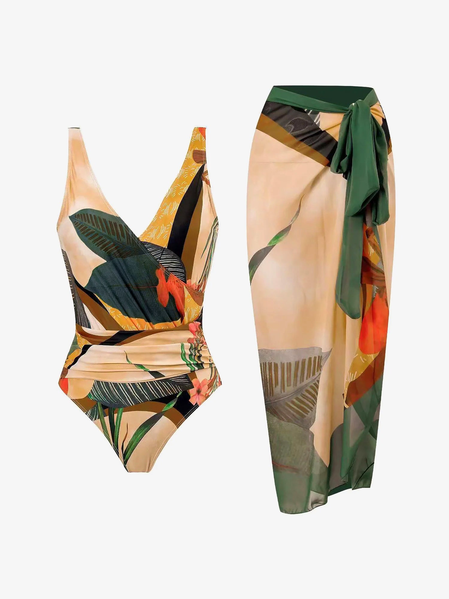 Ensemble 2 pièces : maillot de bain imprimé à lacets et jupe longue portefeuille