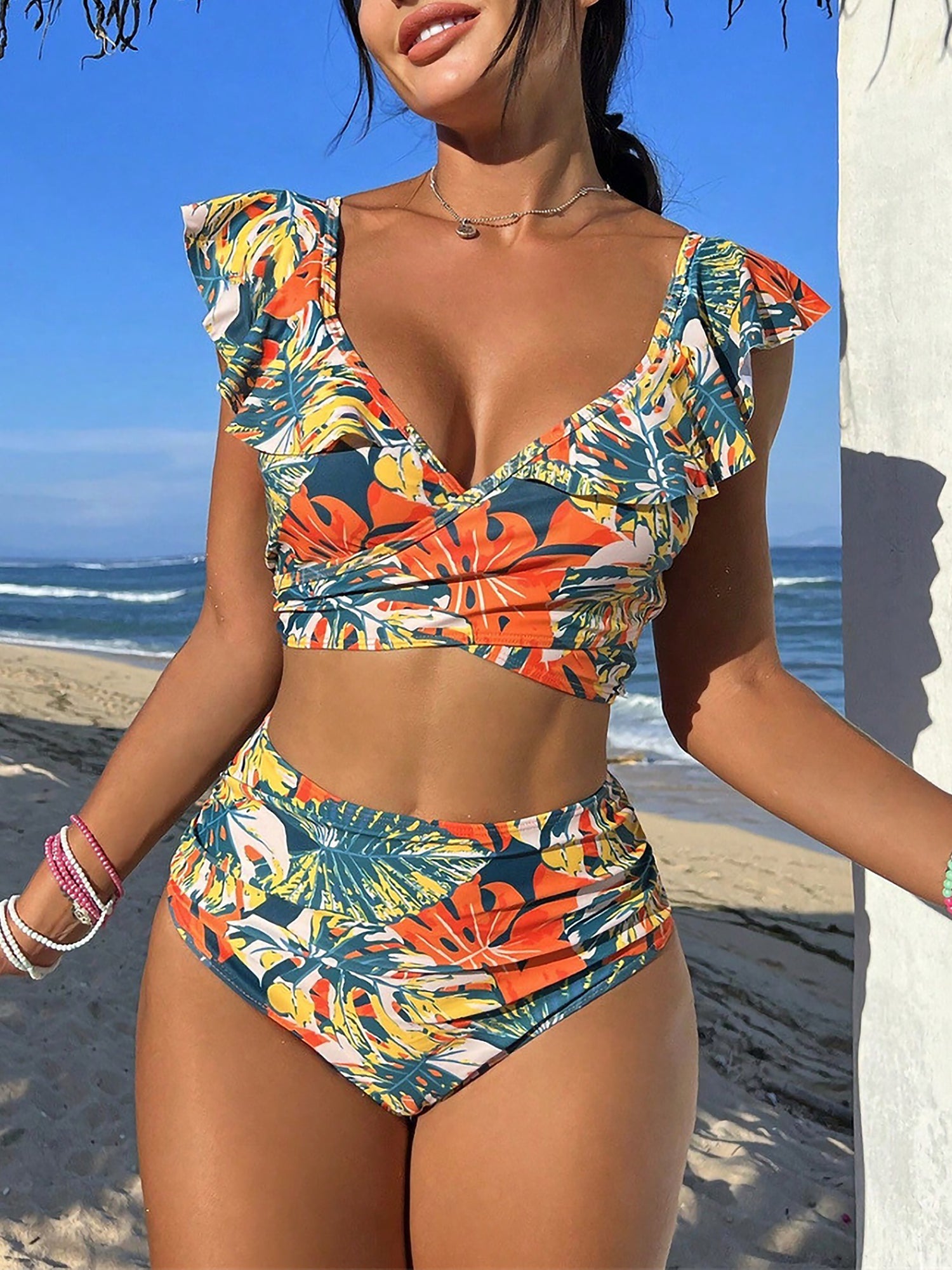 Maillots de bain bikini fleuris à lacets et volants