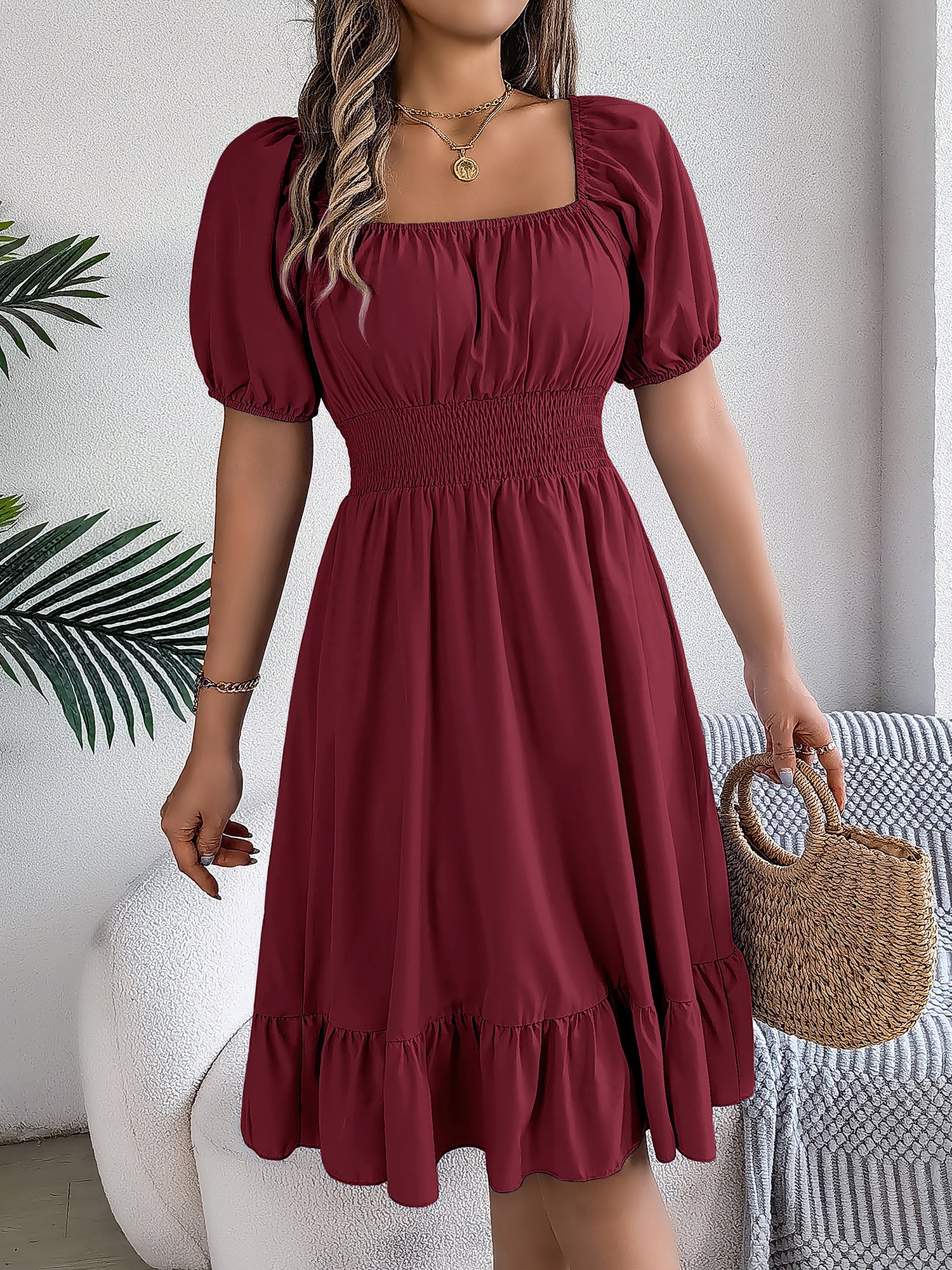 Flattering A-Line Silhouette Square Neck Puff Sleeve Smocked A-Line Midi Wedding Dress