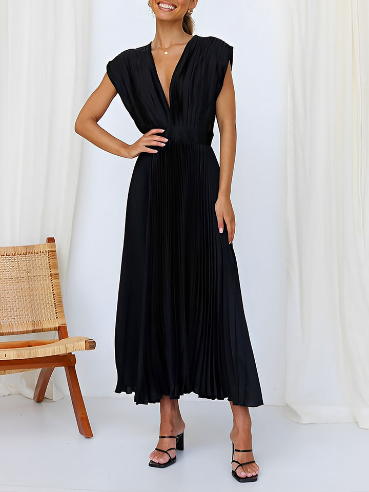 Elegant Deep V Neck Cap Sleeves Luxe Satin Pleated Midi Office Dress, Black / M